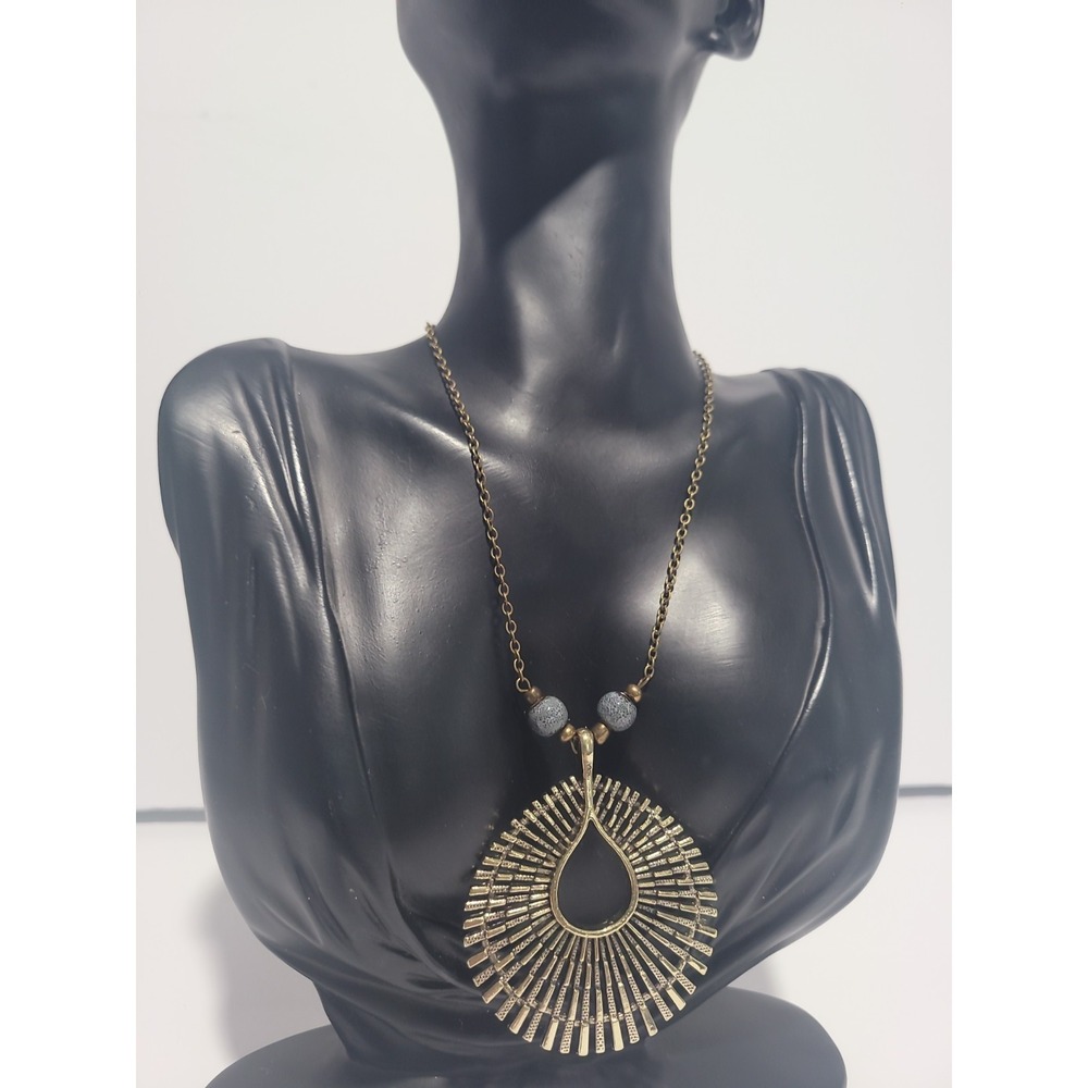 Gold Tone Teardrop Sunburst Pendant Necklace Gray Beads Boho Statement